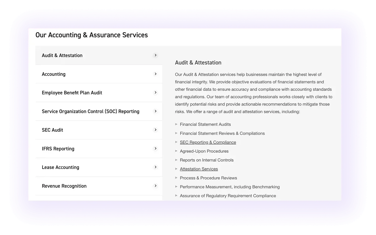 alt text: example of service-to-service linking section on an accounting business website
