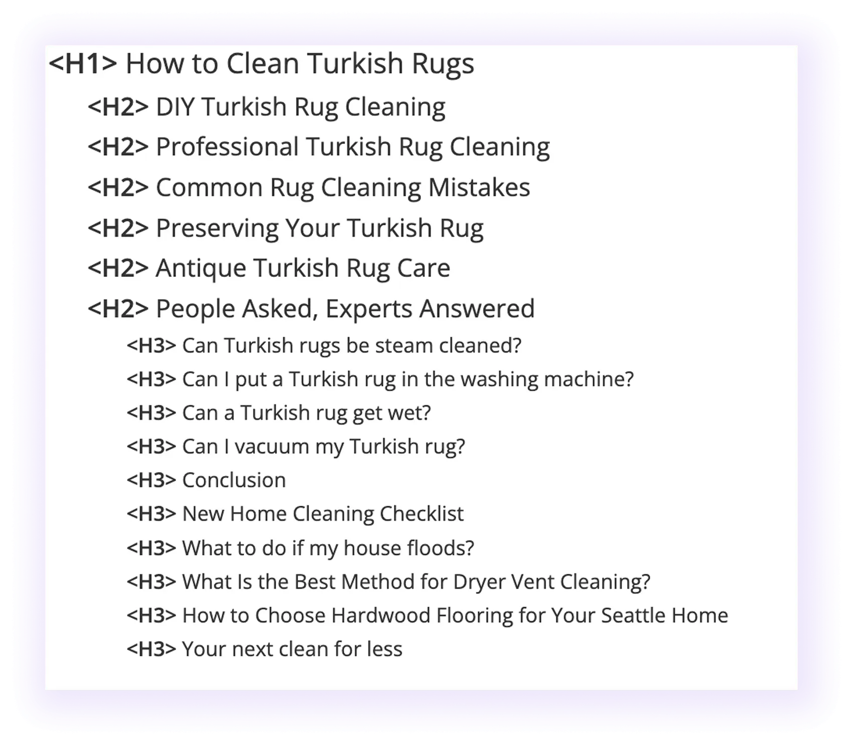 blog post heading structure in a carpet cleaner website blog