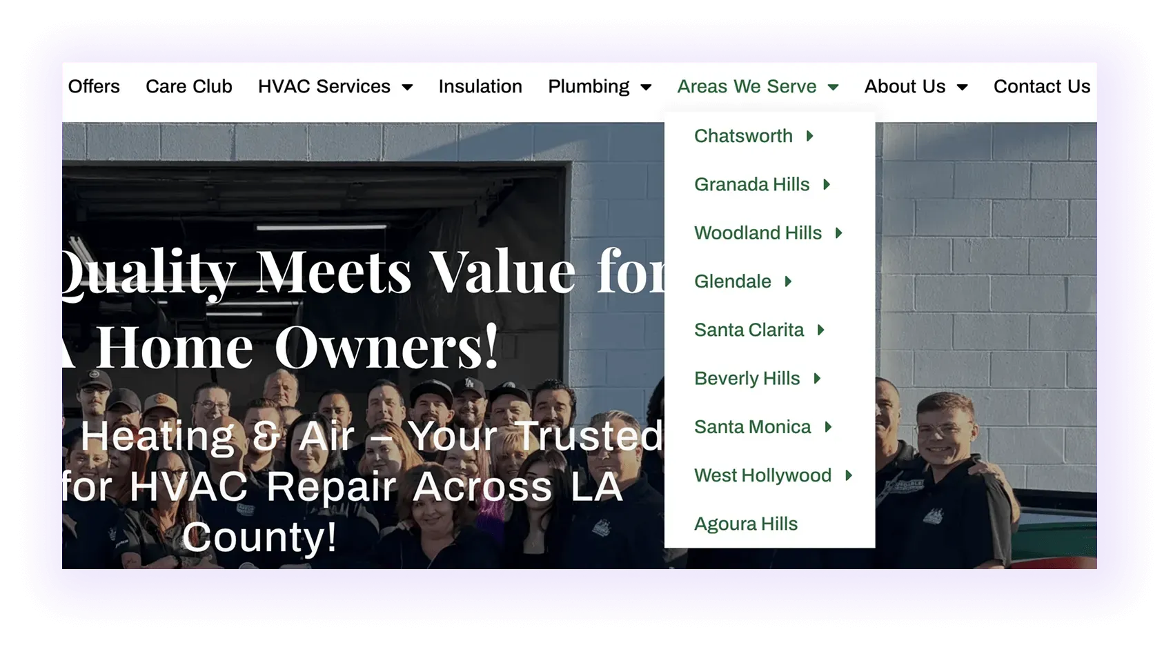 various location pages linked in a navigation bar of an hvac website