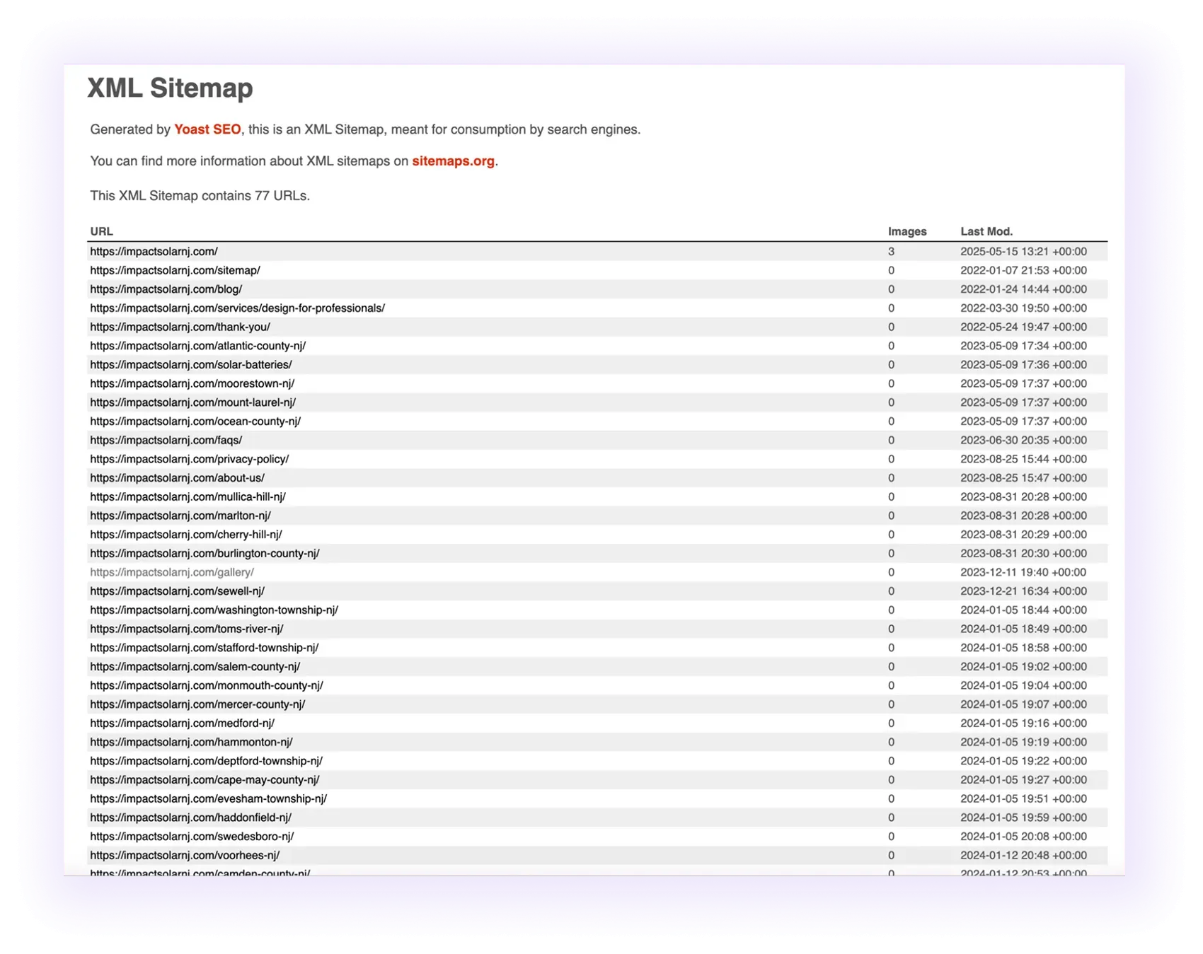 example of an optimized XML sitemap for a solar company website
