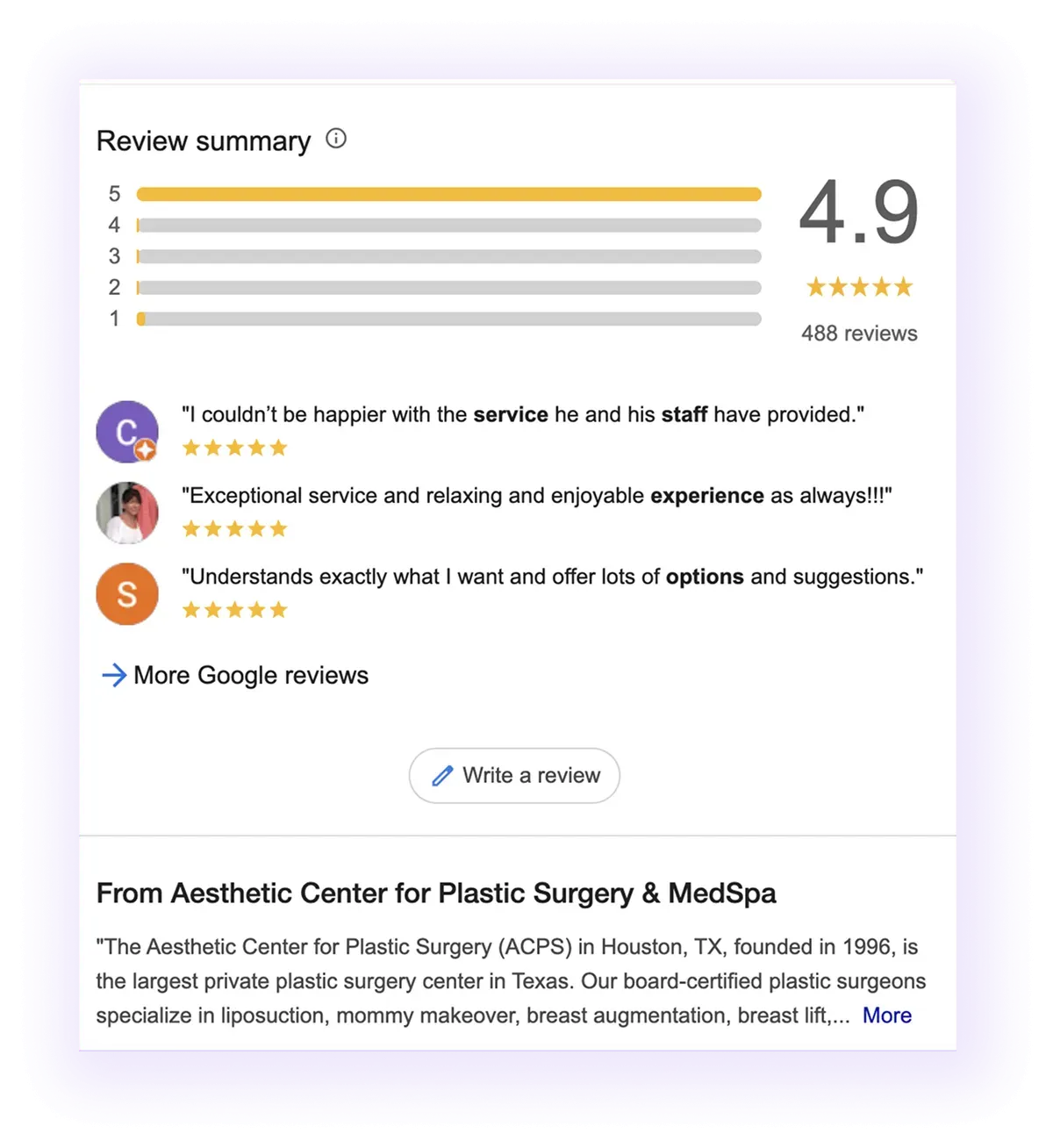 reviews and description sections example for a cosmetic surgeon GMB