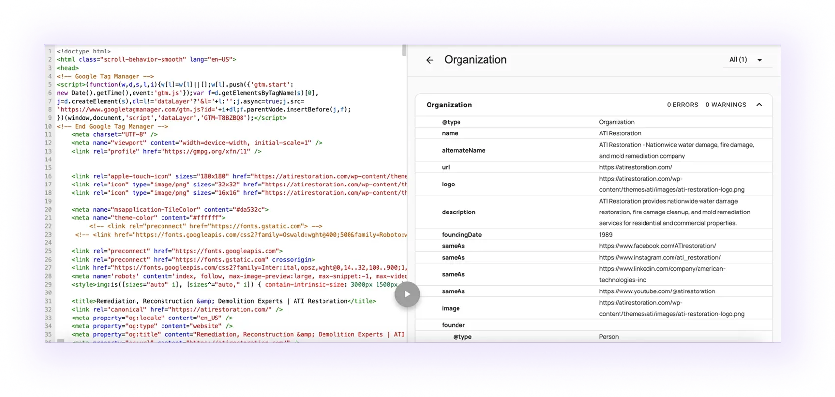 example of an optimized schema markup for a restoration website