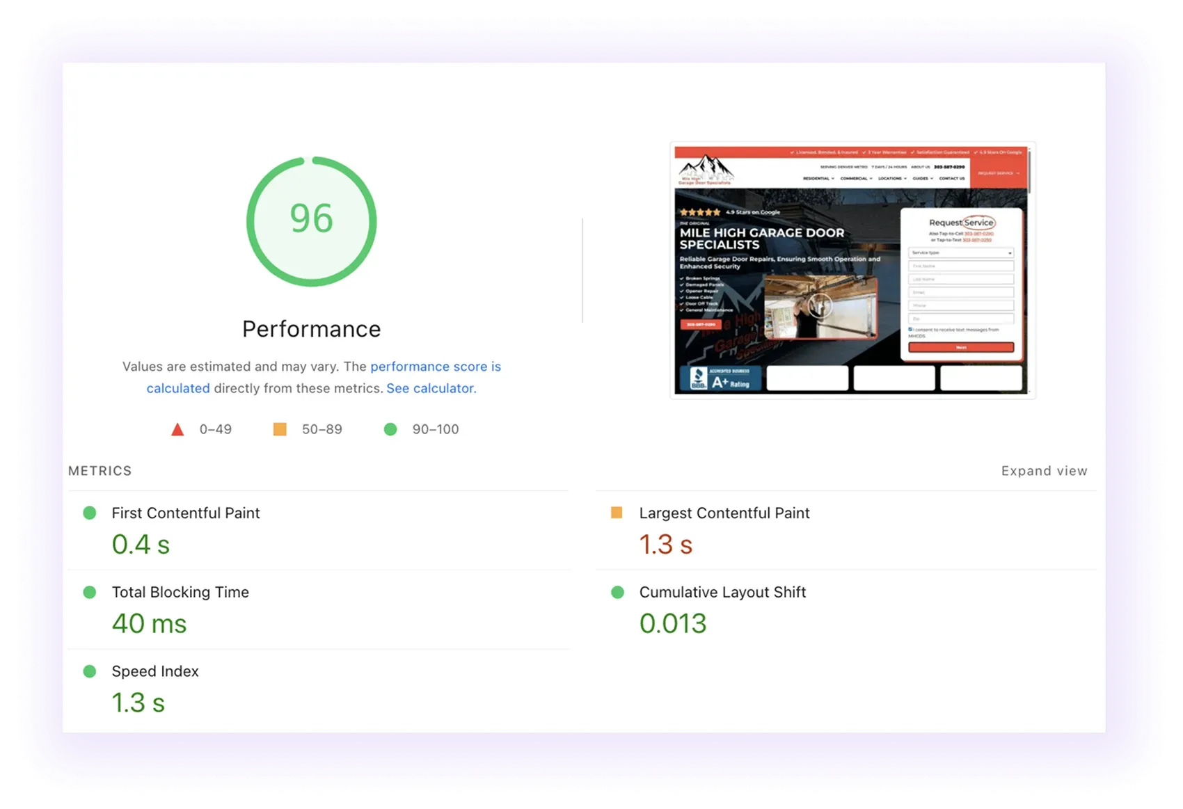 Website Speed & Performance for Garage Door SEO