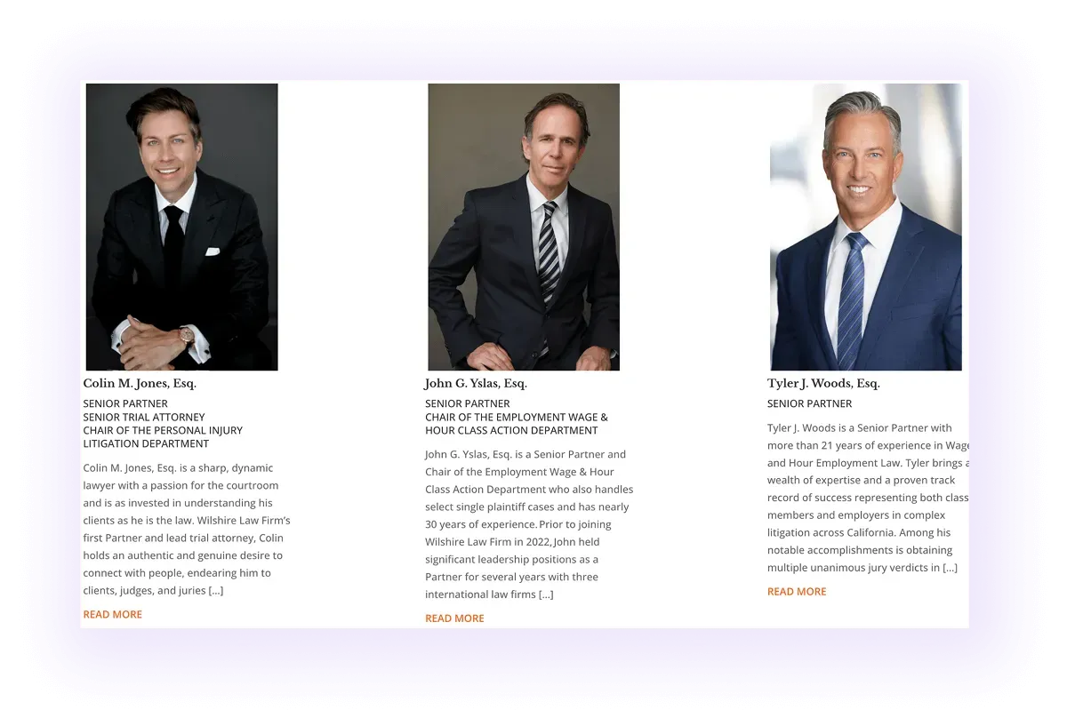 law firm website with legal team profiles linked on a general lawyers and attorneys' page
