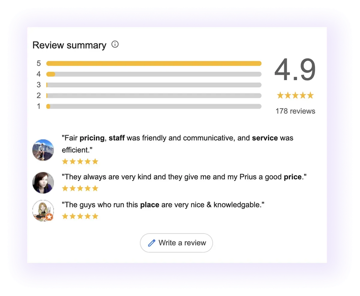 review summary section example for an automotive business GMB listing