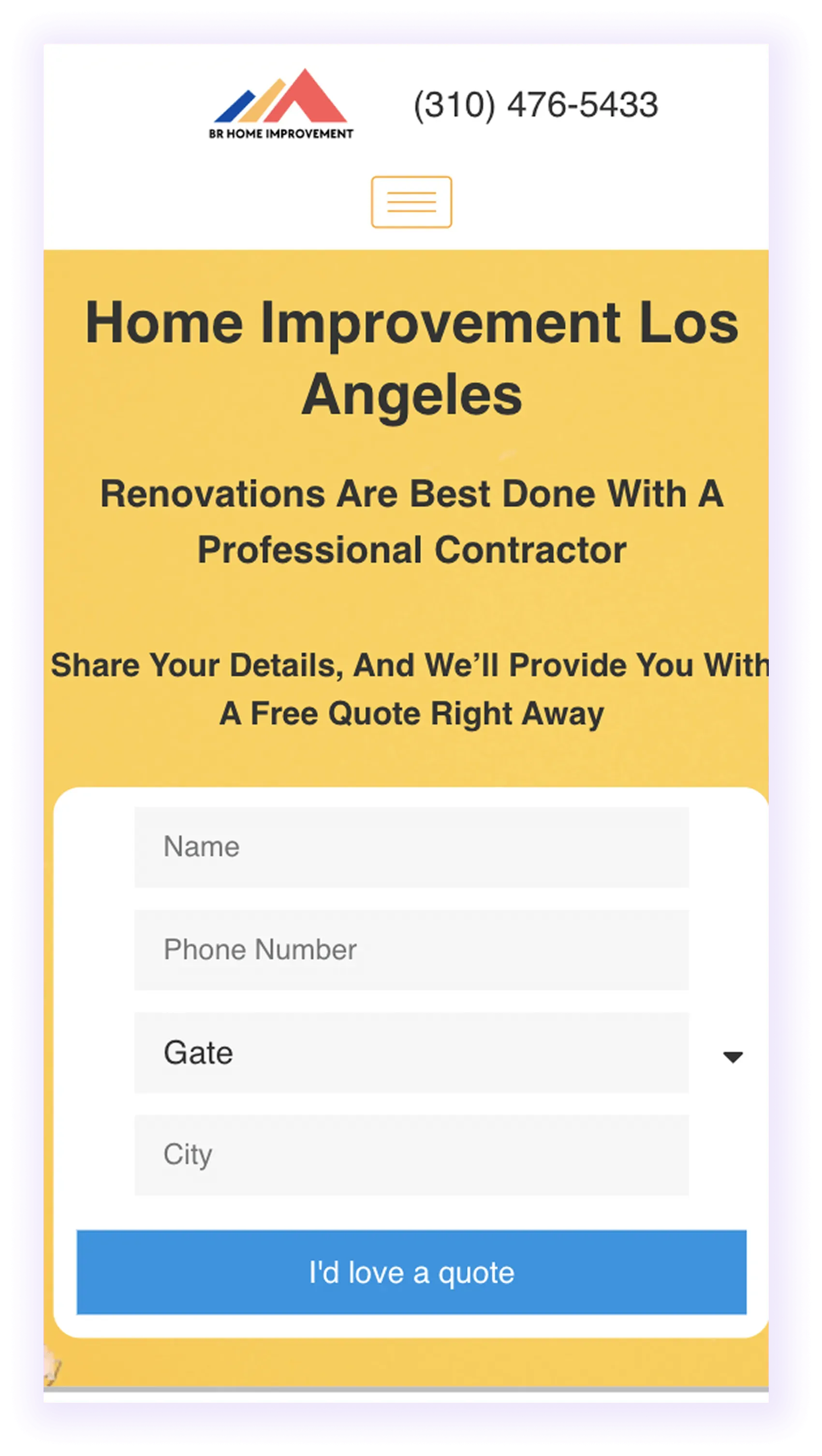 example of mobile-optimized home improvement website