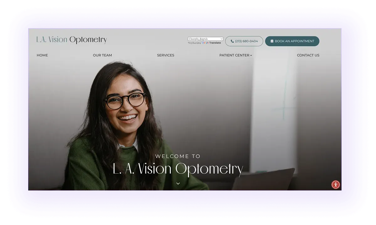 optometry website hero section and navigation bar example