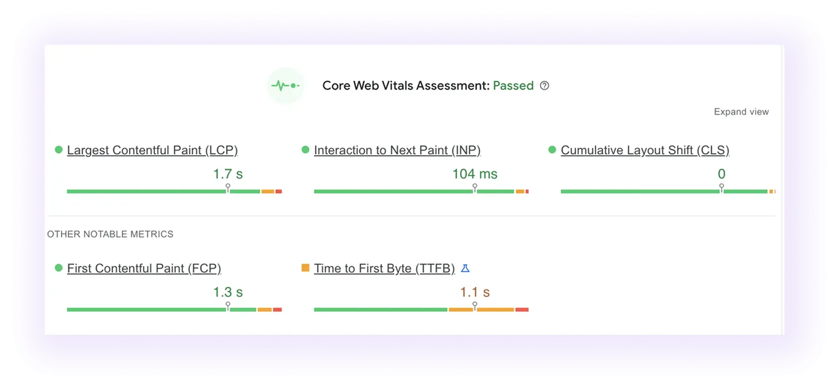 Core Web Vitals assessment passes result for a home improvement website