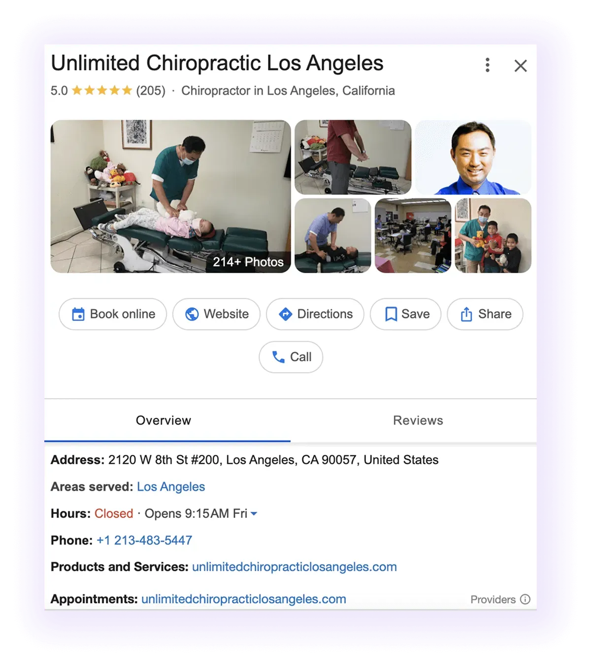 Google Business Profile overview and NAP example for a chiropractor's GMB listing
