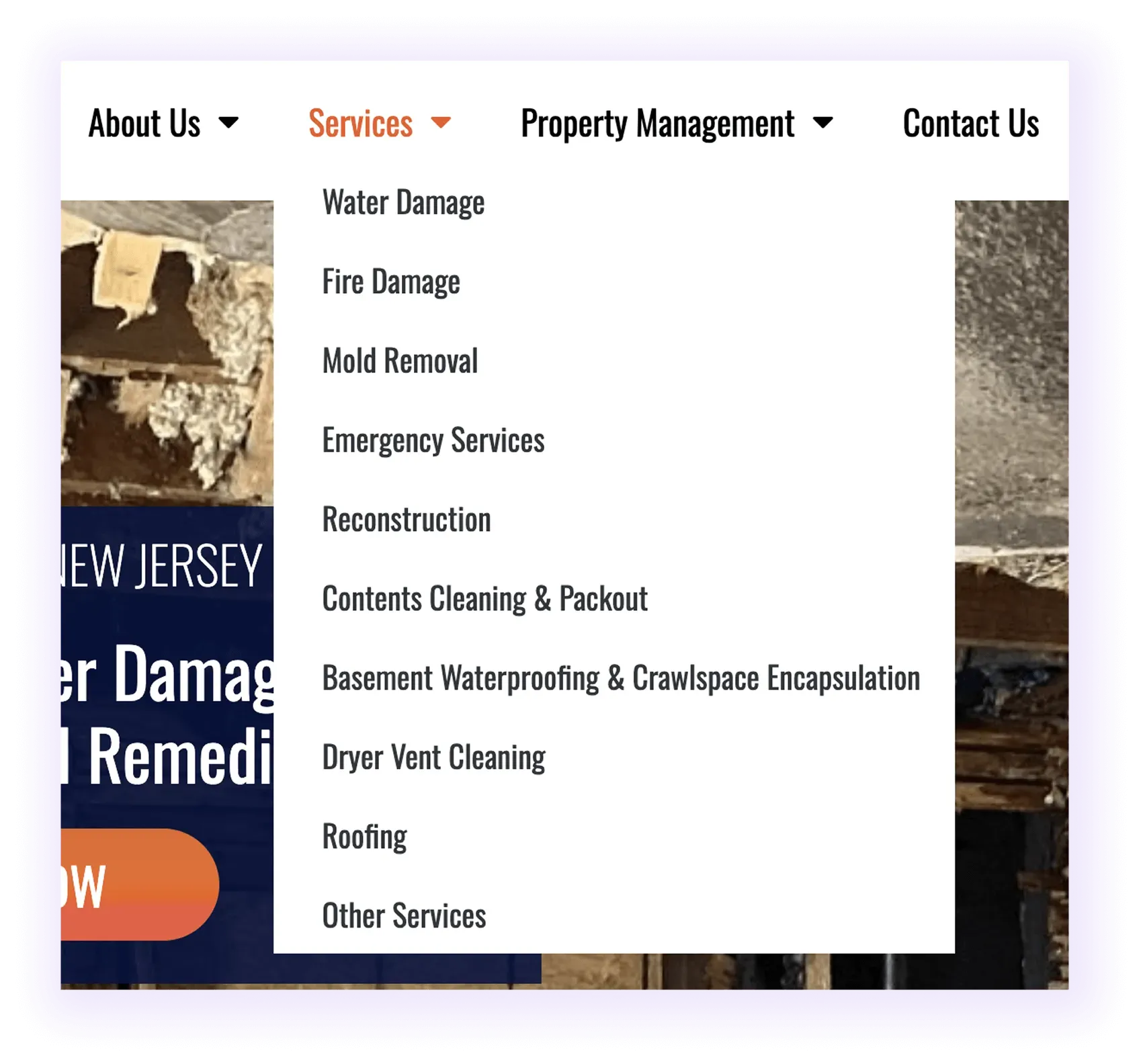 ervice page elements in restoration website navigation menu