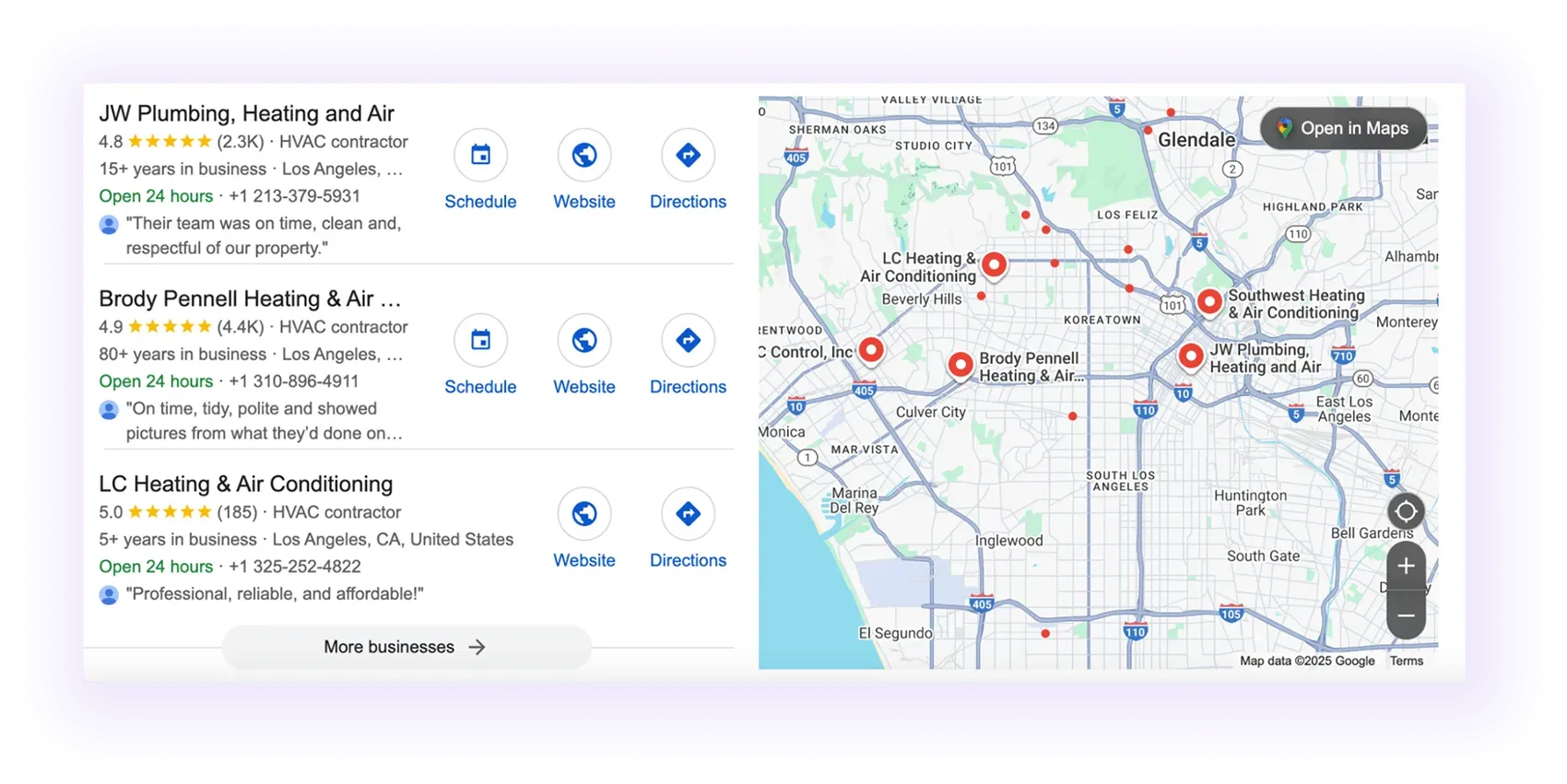 hvac companies' Google Business Profiles showing up in a map
