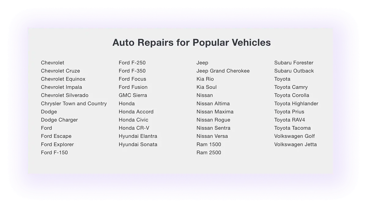 automotive service website with popular vehicles auto repairs listed