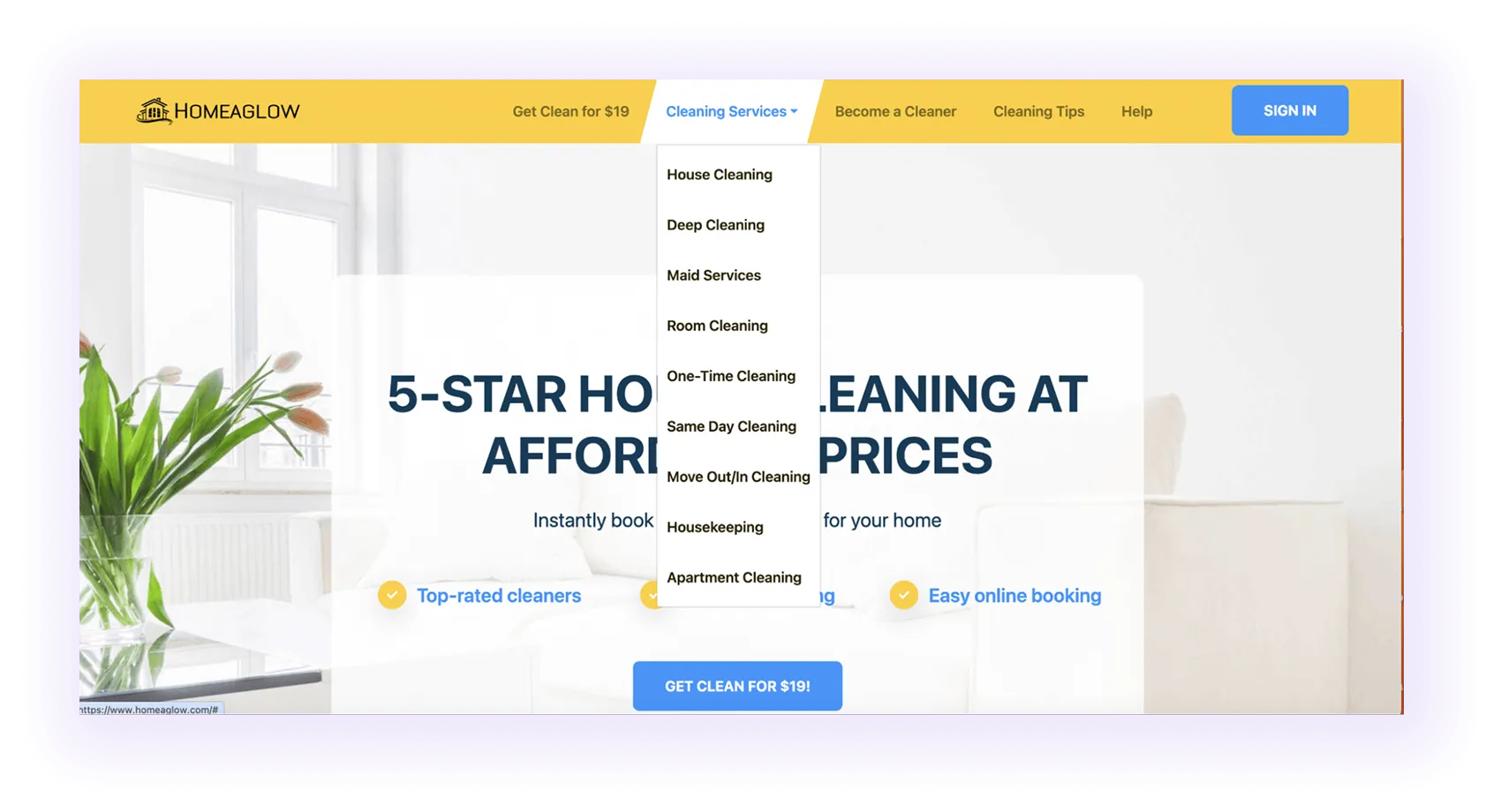 An example of a cleaning website navigation menu with service pages
