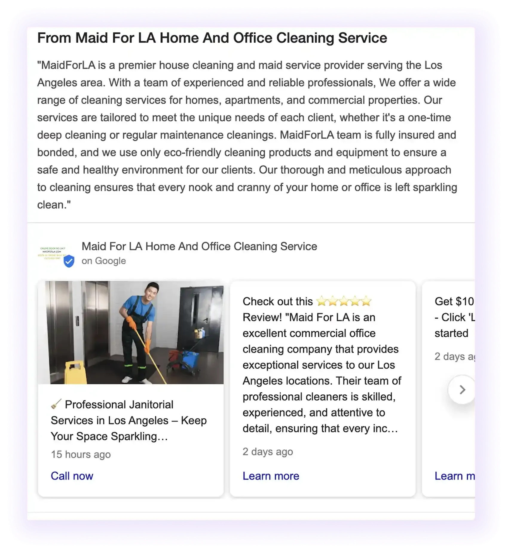 Google Business Profile business descitption example for a cleaning company