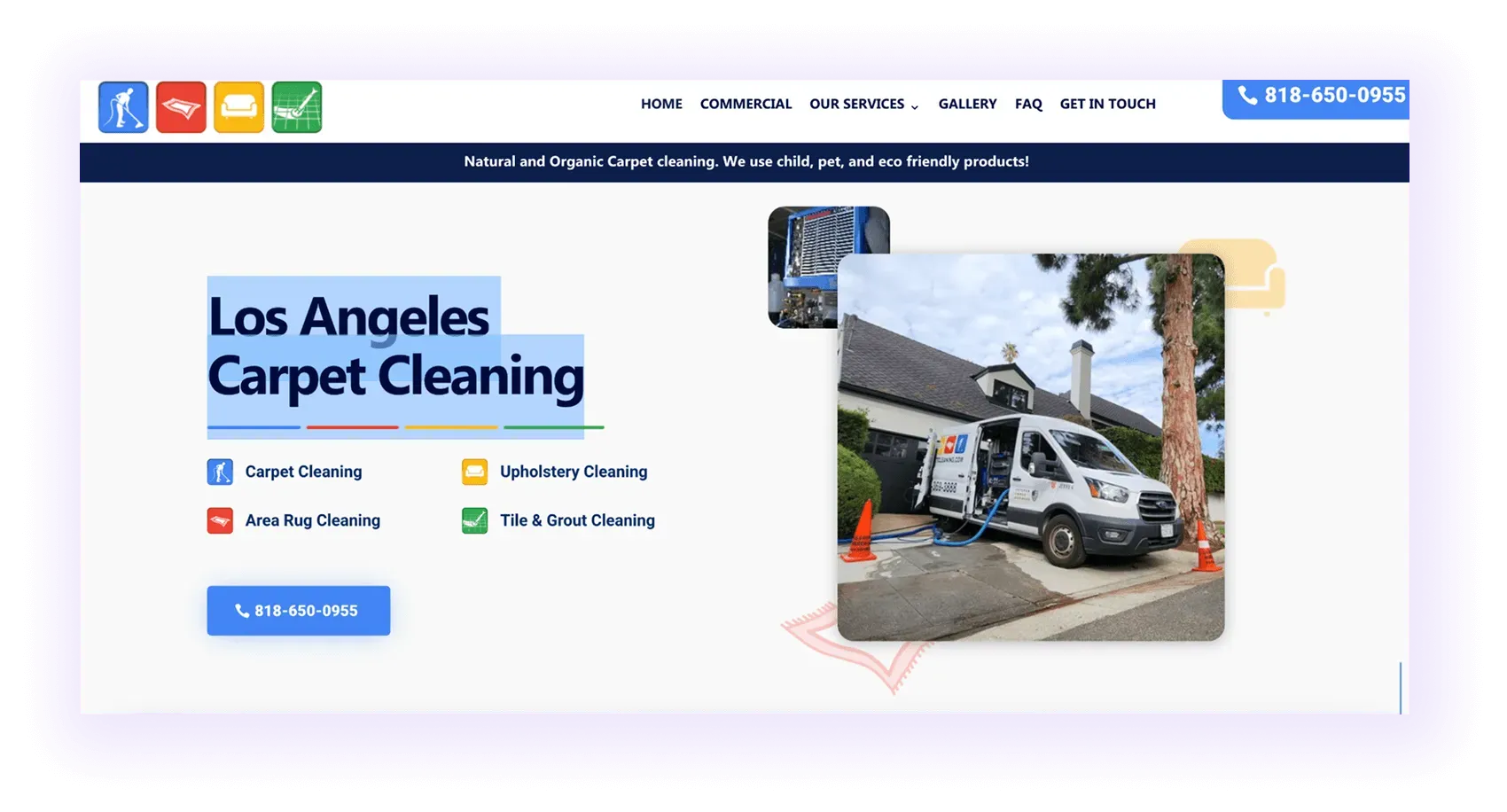 local carpet cleaner website homepage hero section example with a targeted local keyword