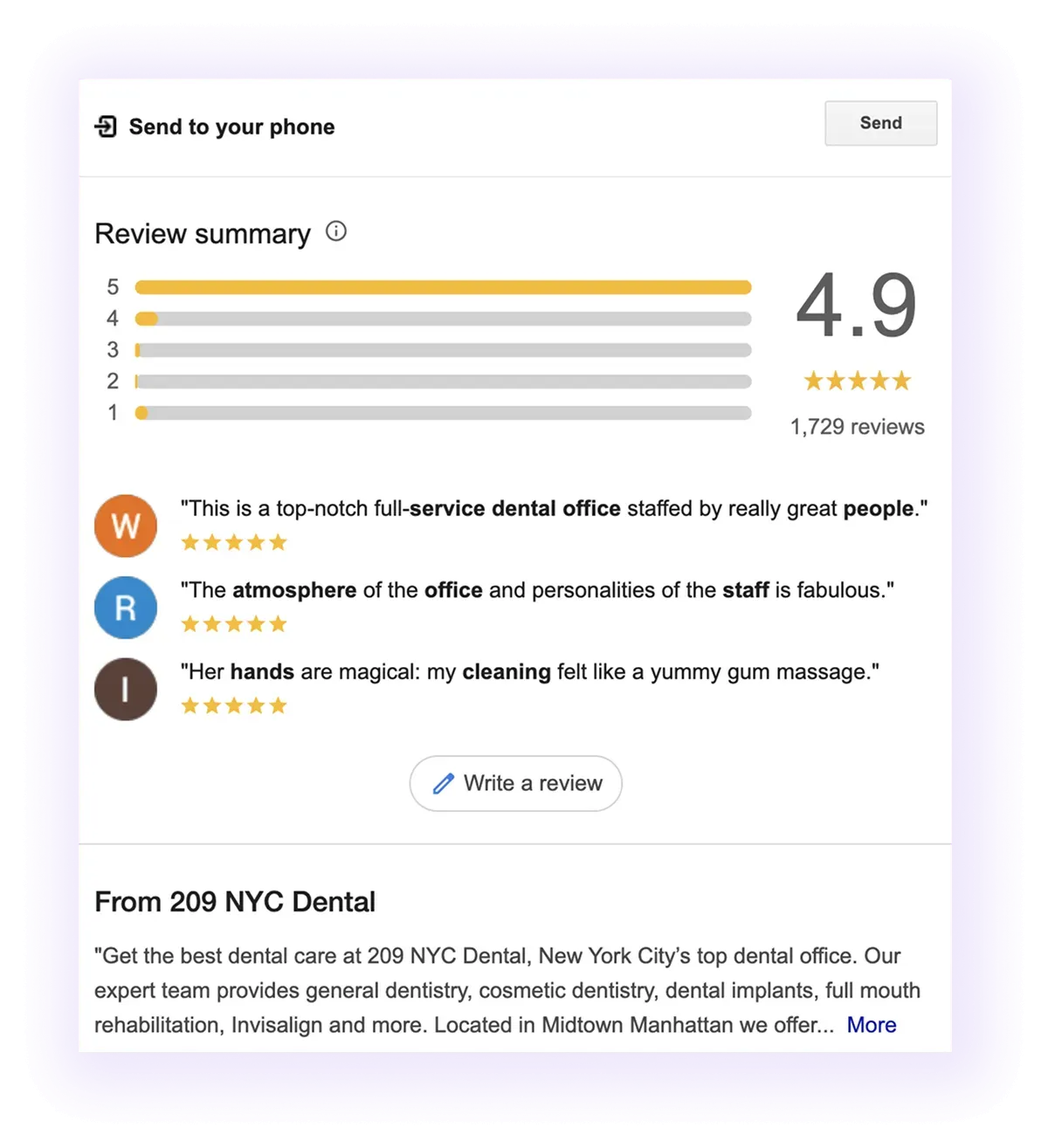 reviews and description sections example for a dentist GMB