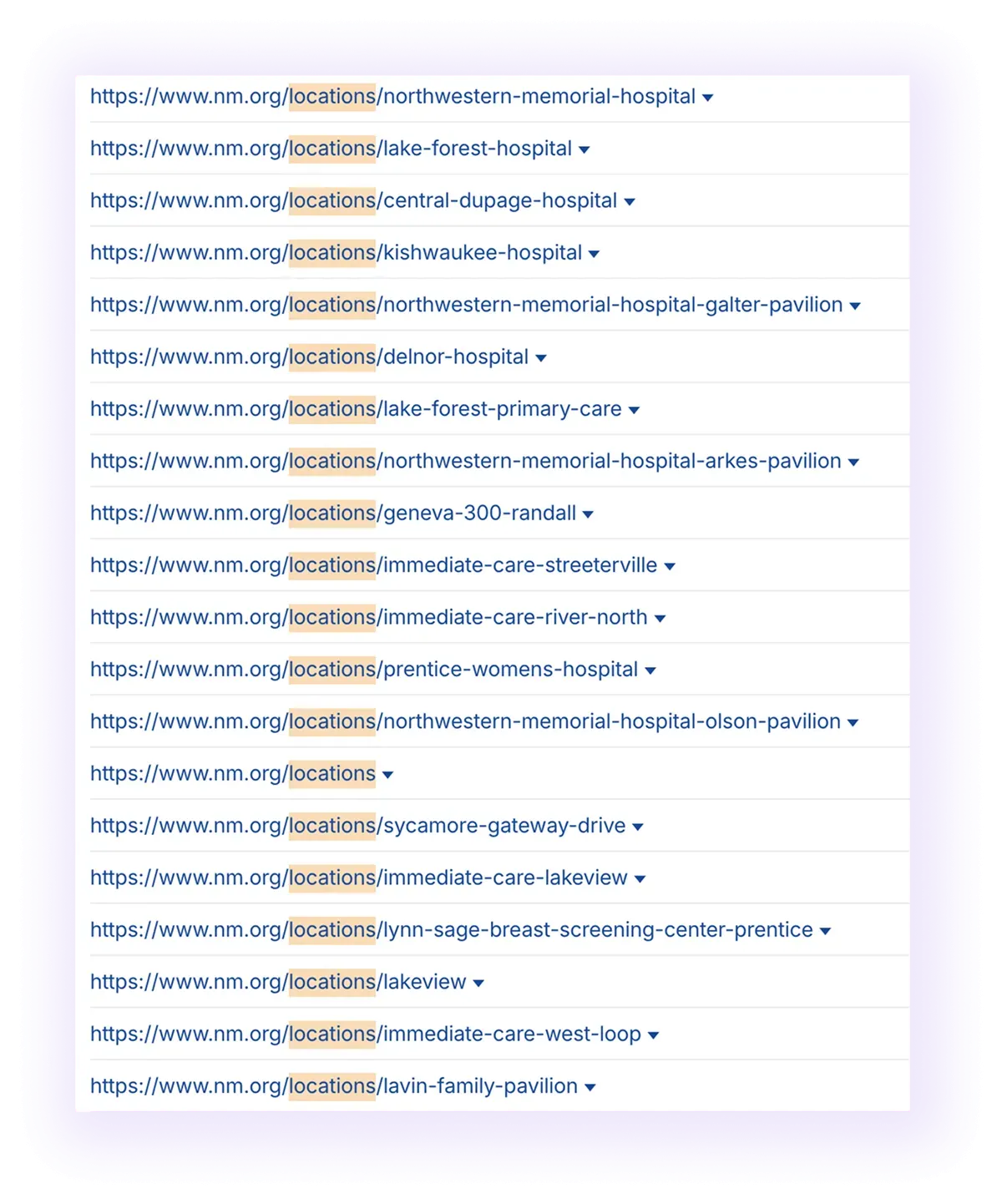 optimized URL structure for location pages in a national surgical clinic website