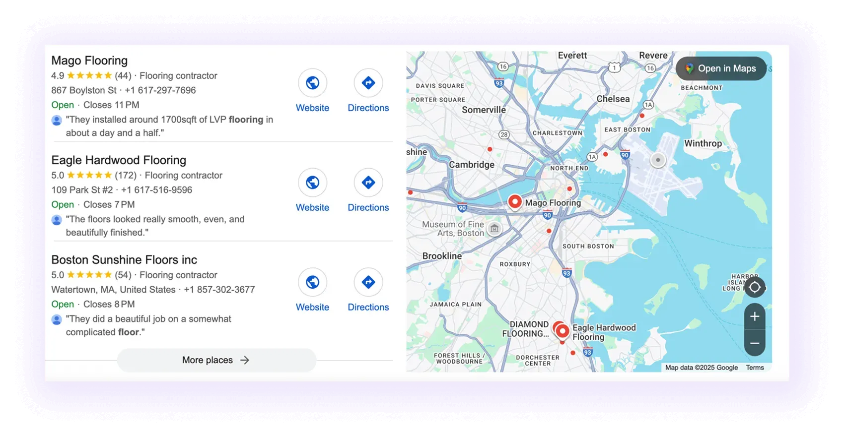 Flooring companies' Google Business Profiles showing up in a map