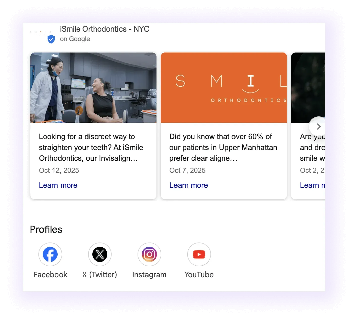 social media and news blocks examples for an orthodontic clinic GMB