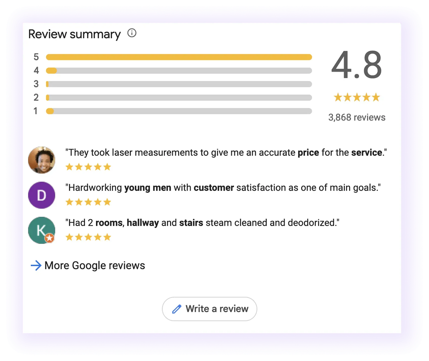 reviews section on a carpet cleaner GMB
