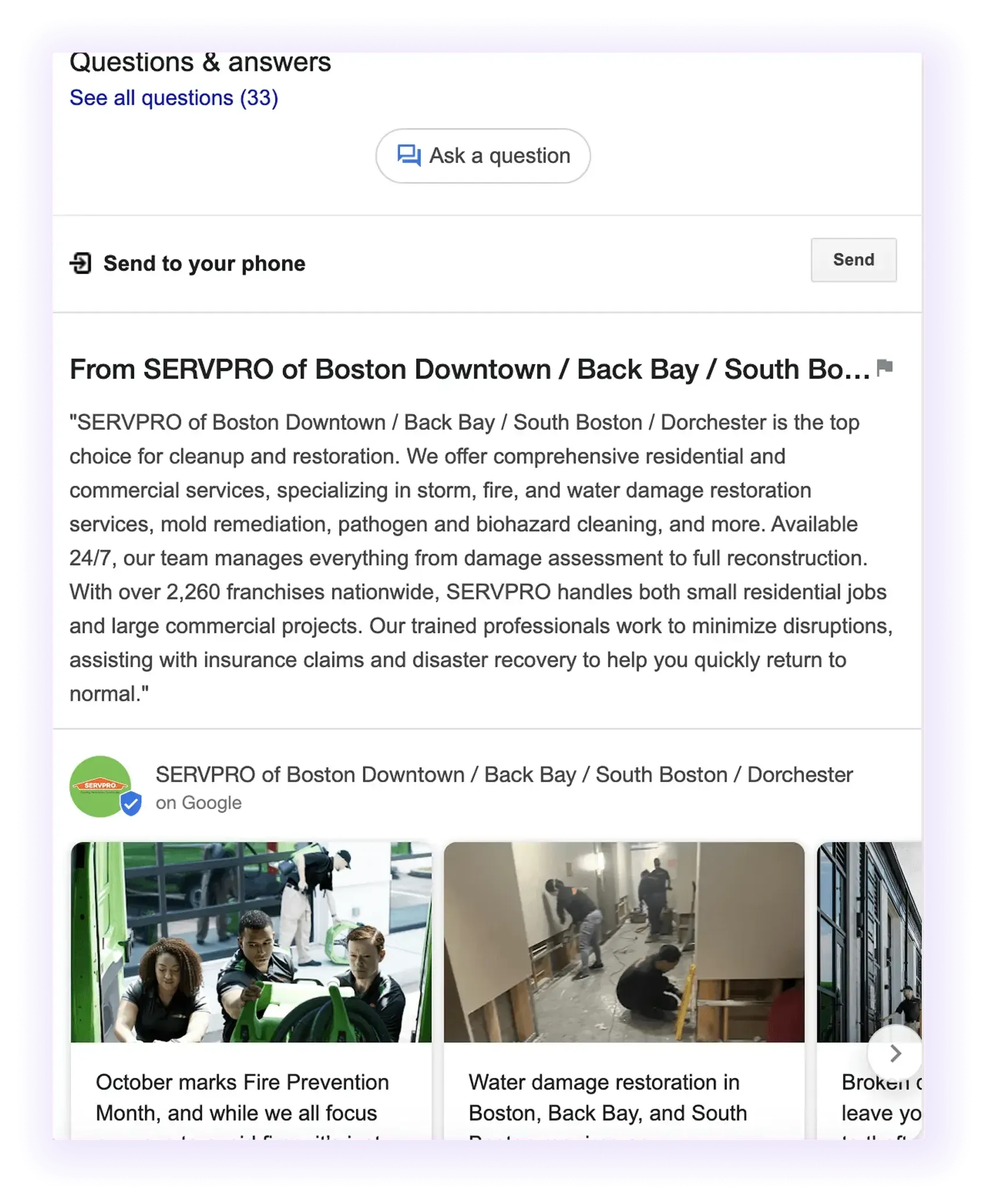 Company description section example for a restoration company GBP