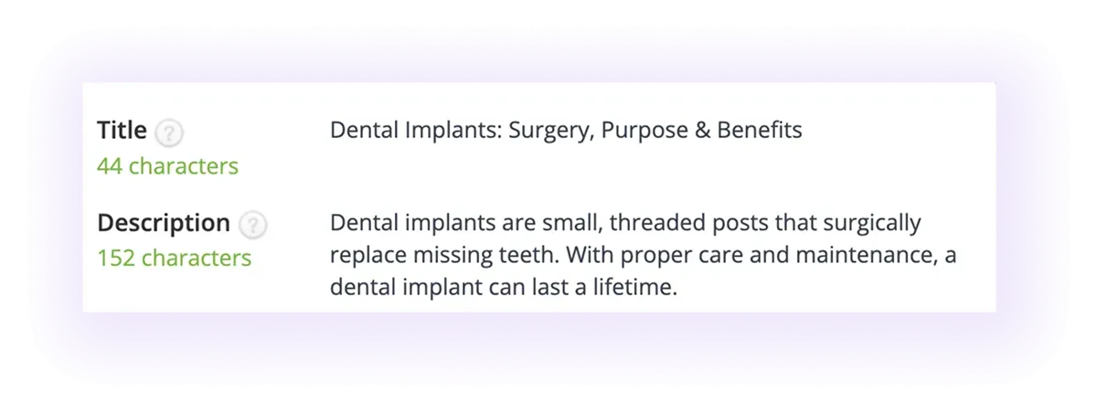 optimized meta title and meta description in a dental website blog