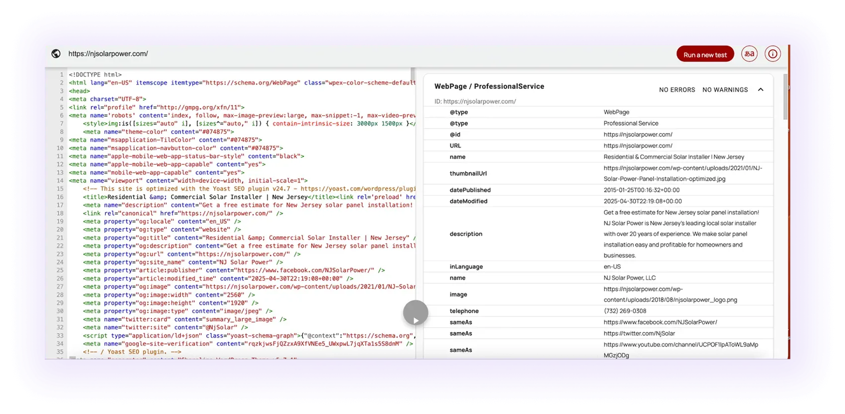  example of an optimized schema markup for a solar company website