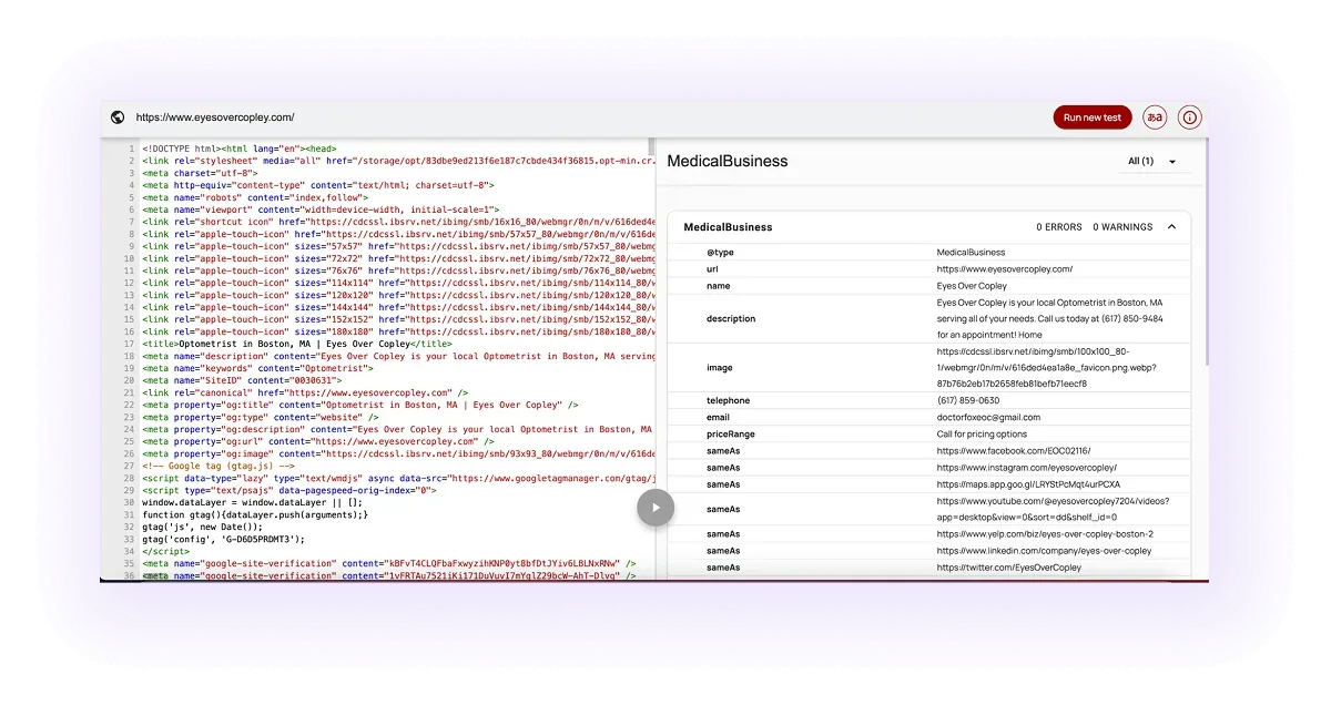 example of an optimized schema markup for optometry website