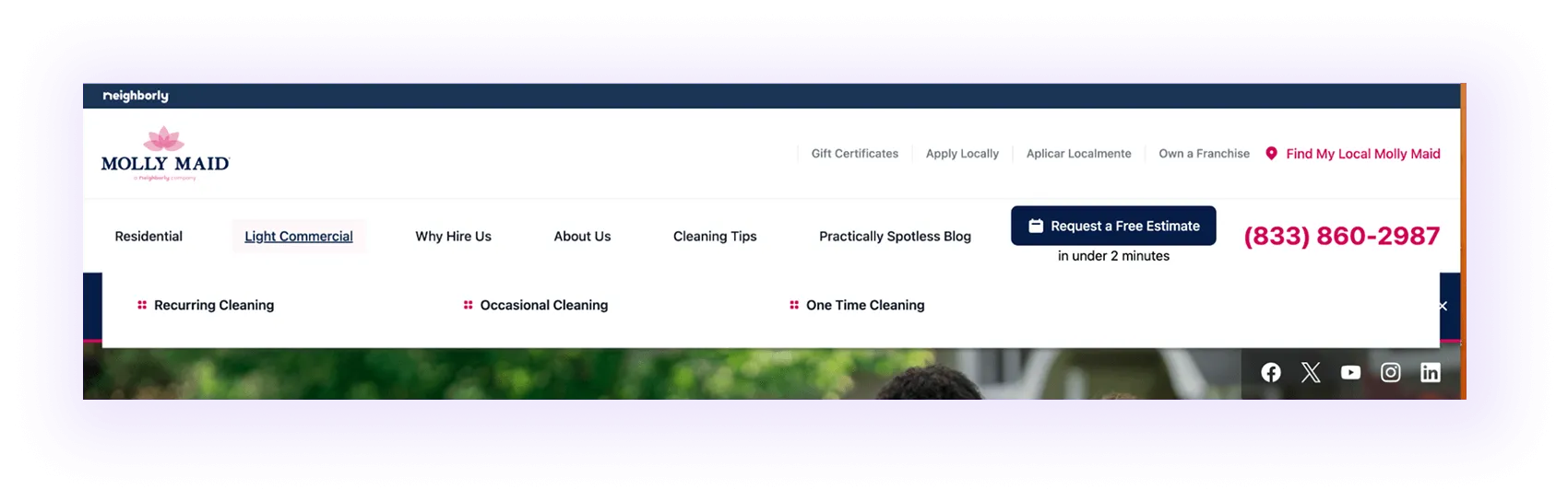 An example of a cleaning website navigation menu with residential category