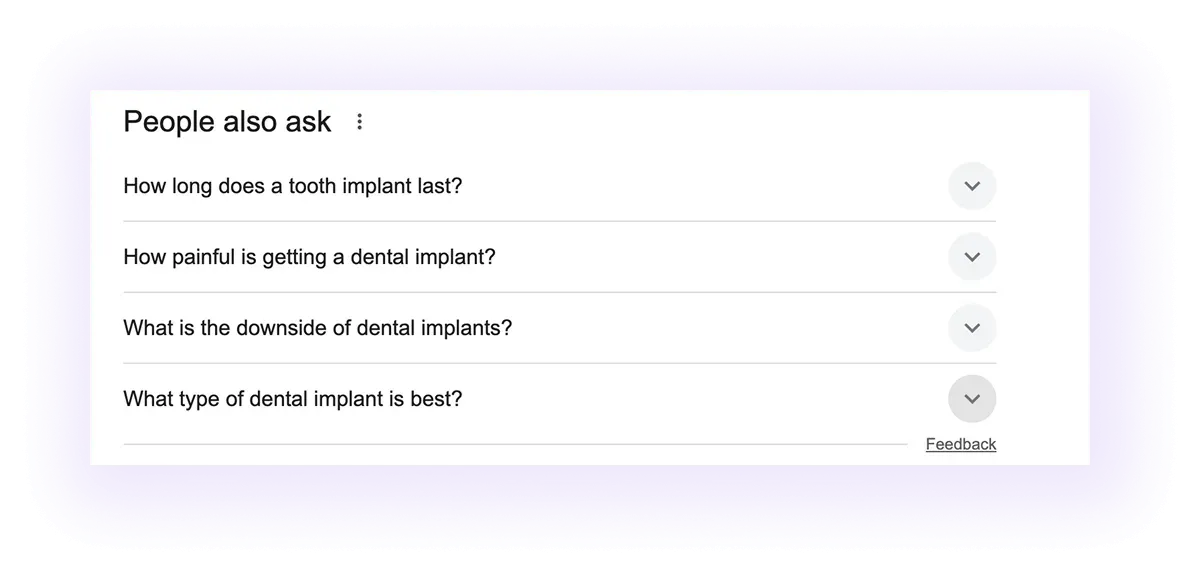 google’s people also ask for "dental implants" keyword