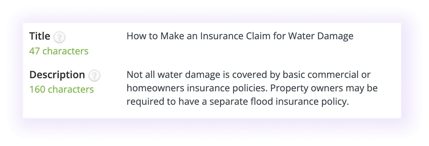 meta title and meta description examples for "water damages" pages