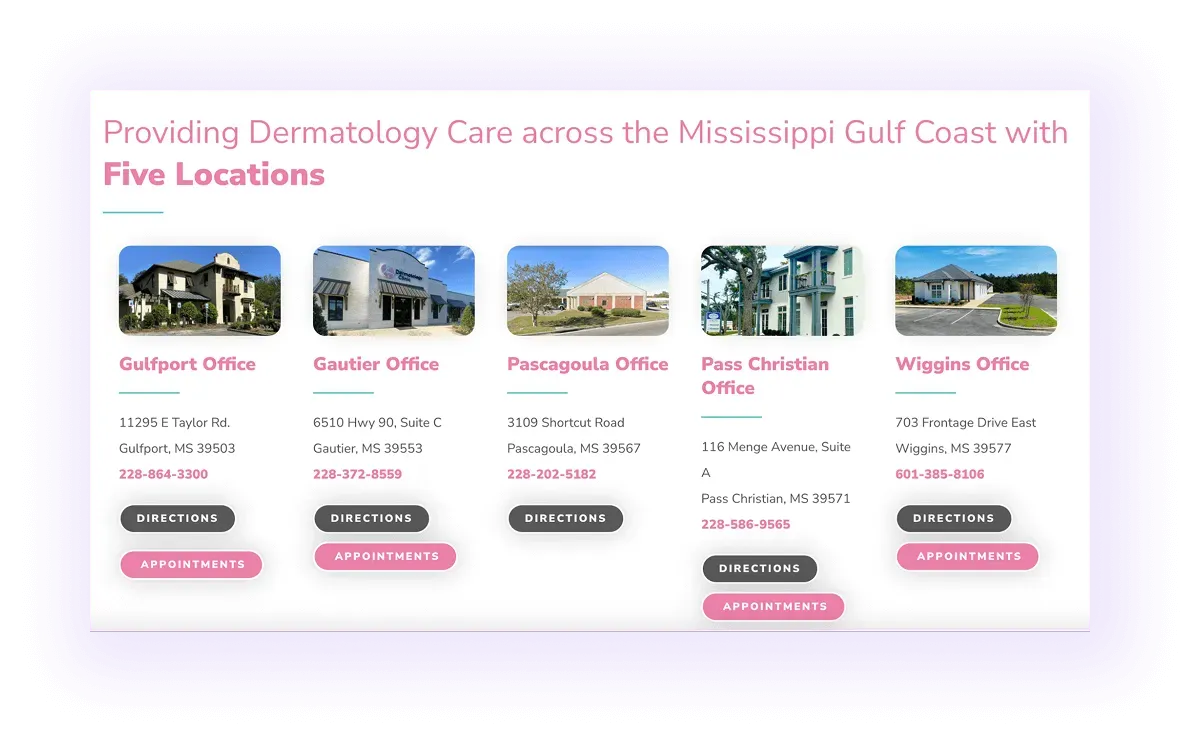example of location pages linked in the content of the homepage of the dermatology website