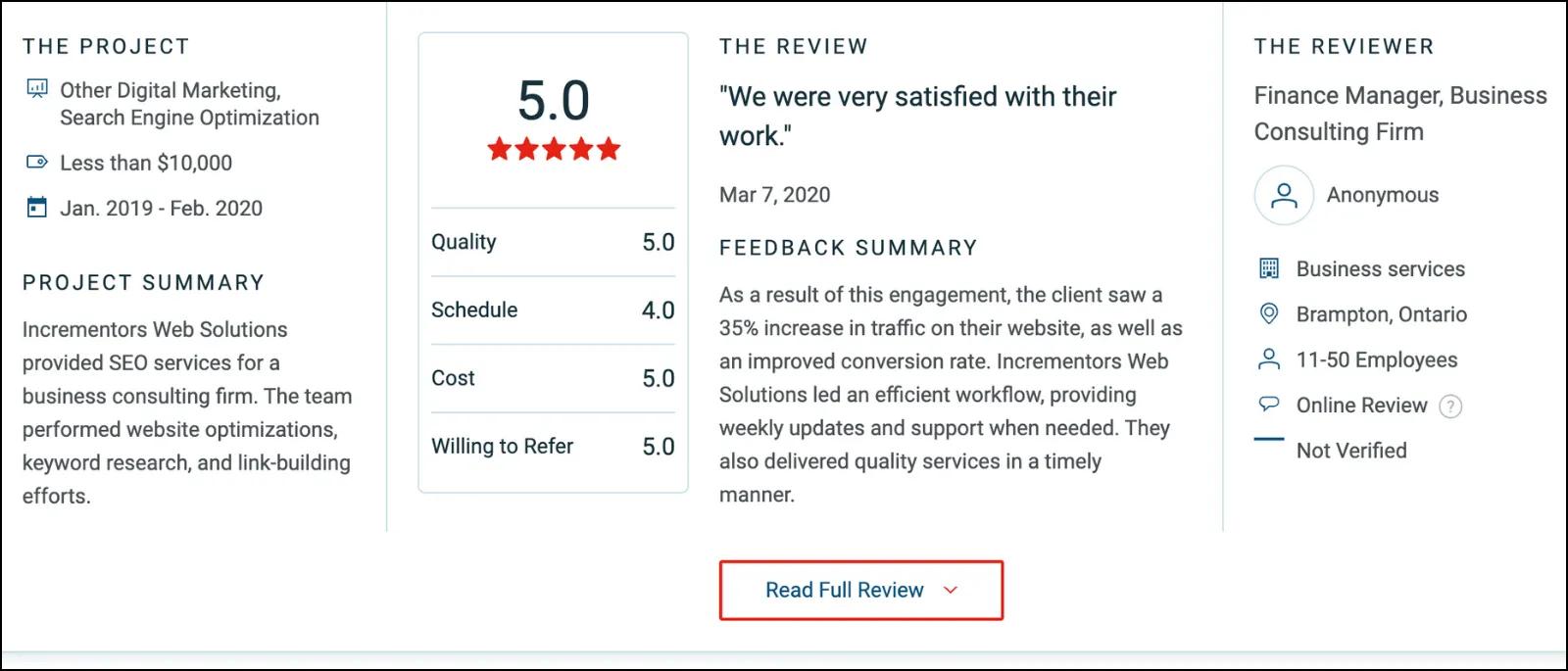 Incrementors Web Solutions client testimonial