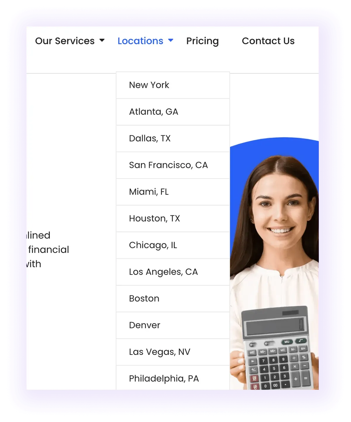 location pages liked on a navigation bar drop-down of an accounting website