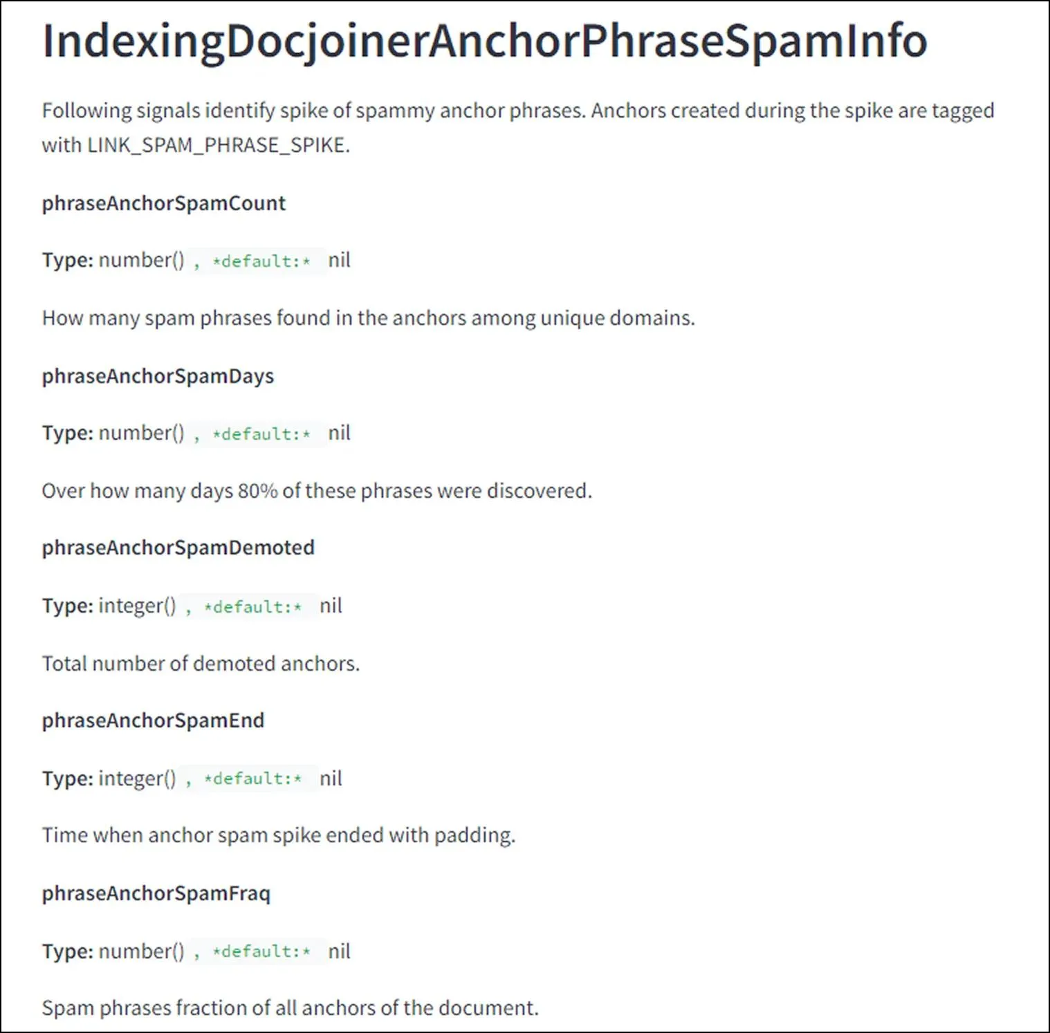 Google leaked API documentation showing IndexingDocjoinerAnchorPhraseSpamInfo attributes that track spam anchor text velocity, count, and demotion signals