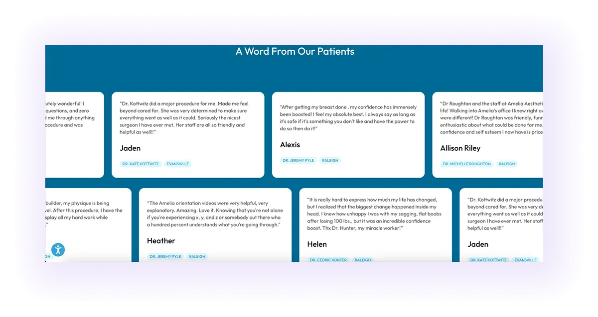 written testimonials block on a cosmetic surgeons' website