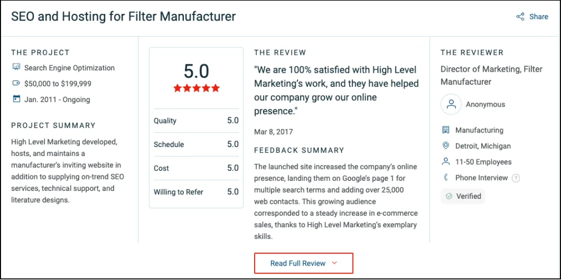 high level marketing client review