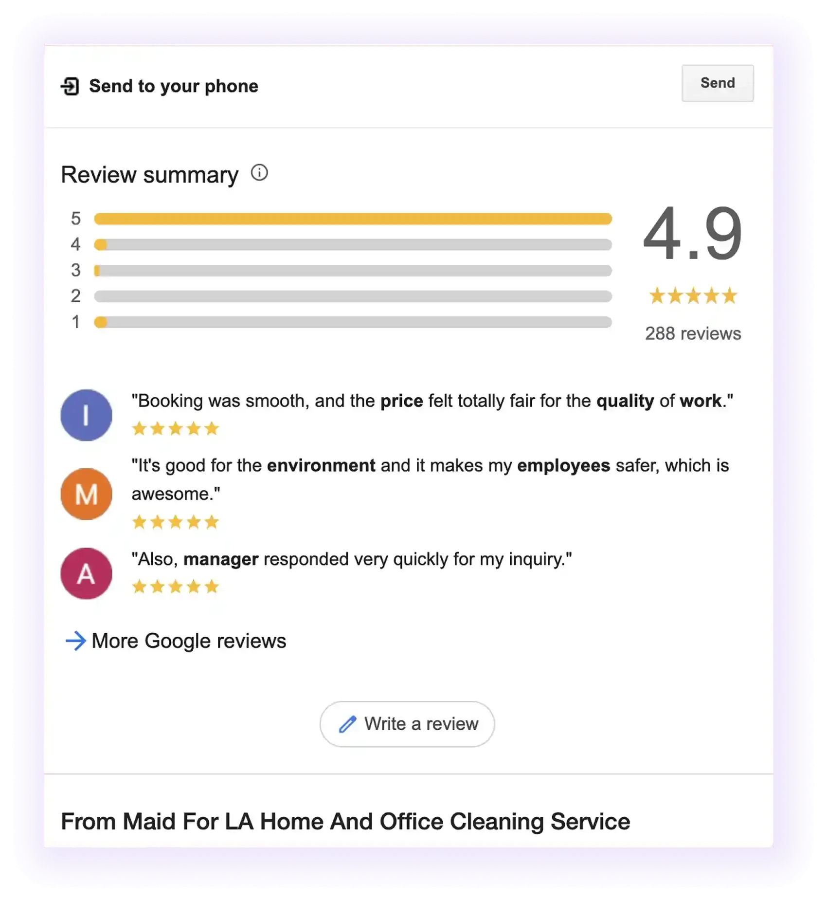 Google Business Profile review section example for a cleaning company
