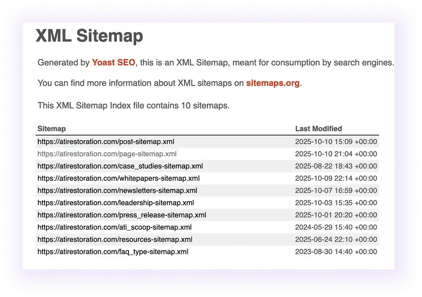 example of an optimized XML sitemap for a restoration website
