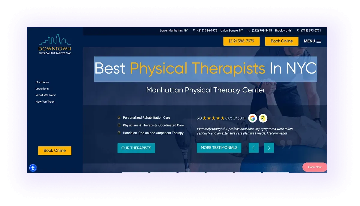 example of a local keyword used in a NYC focused local physiotherapy website