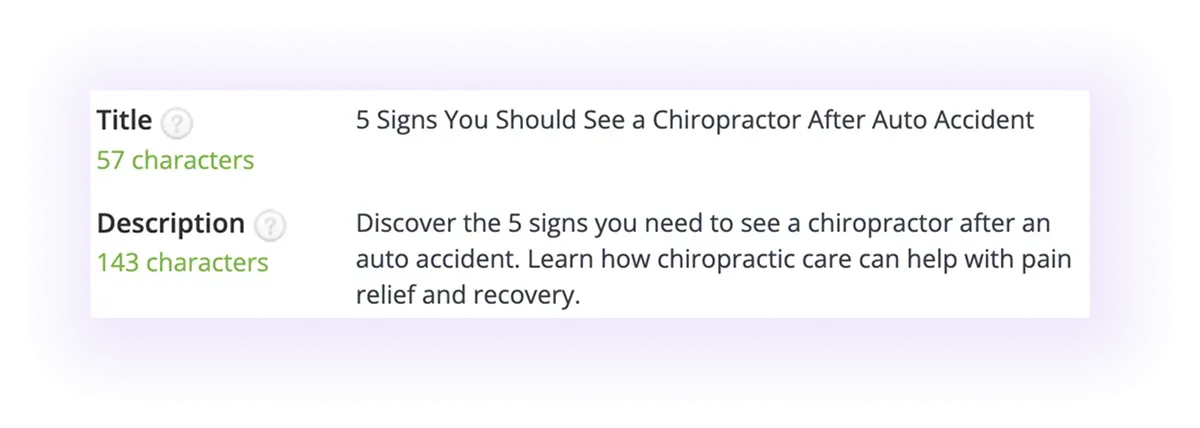 optimized meta title and meta description in a chiropractor's website blog