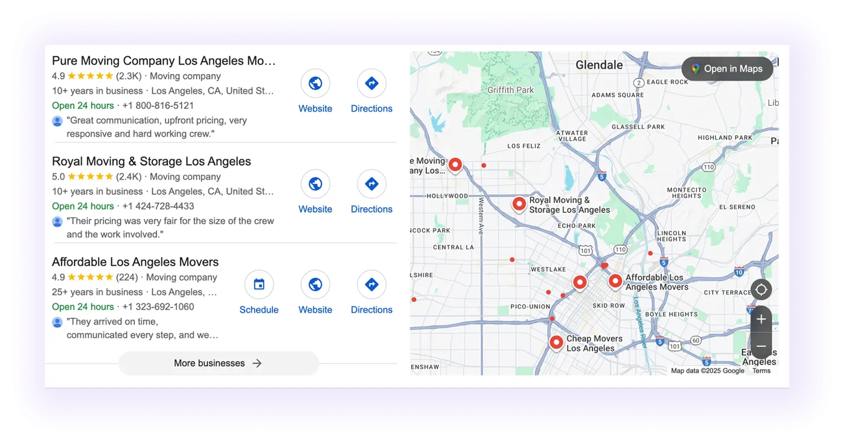 moving companies' Google Business Profiles showing up in a map