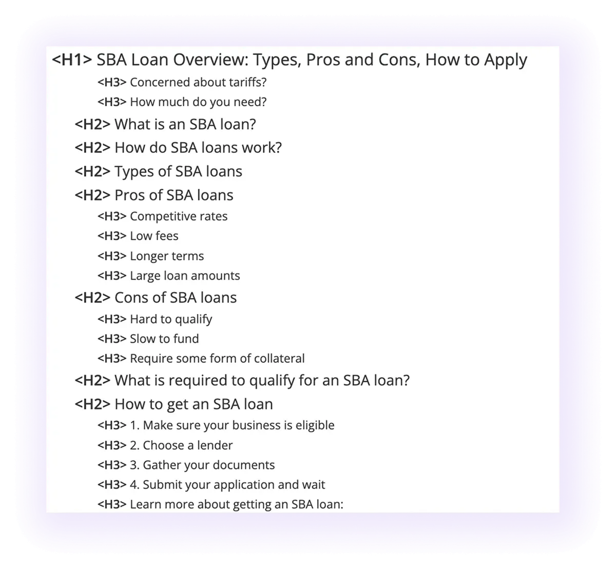 an SBA loan blog post heading structure on a banking website