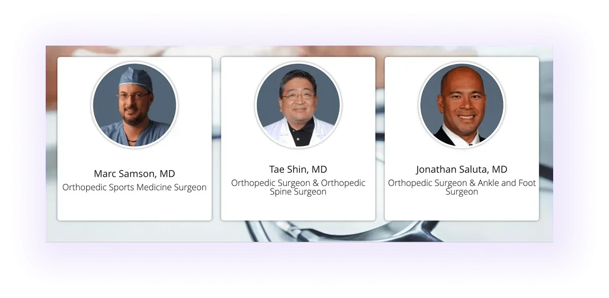 doctor names and specialties block on an orthopedic website