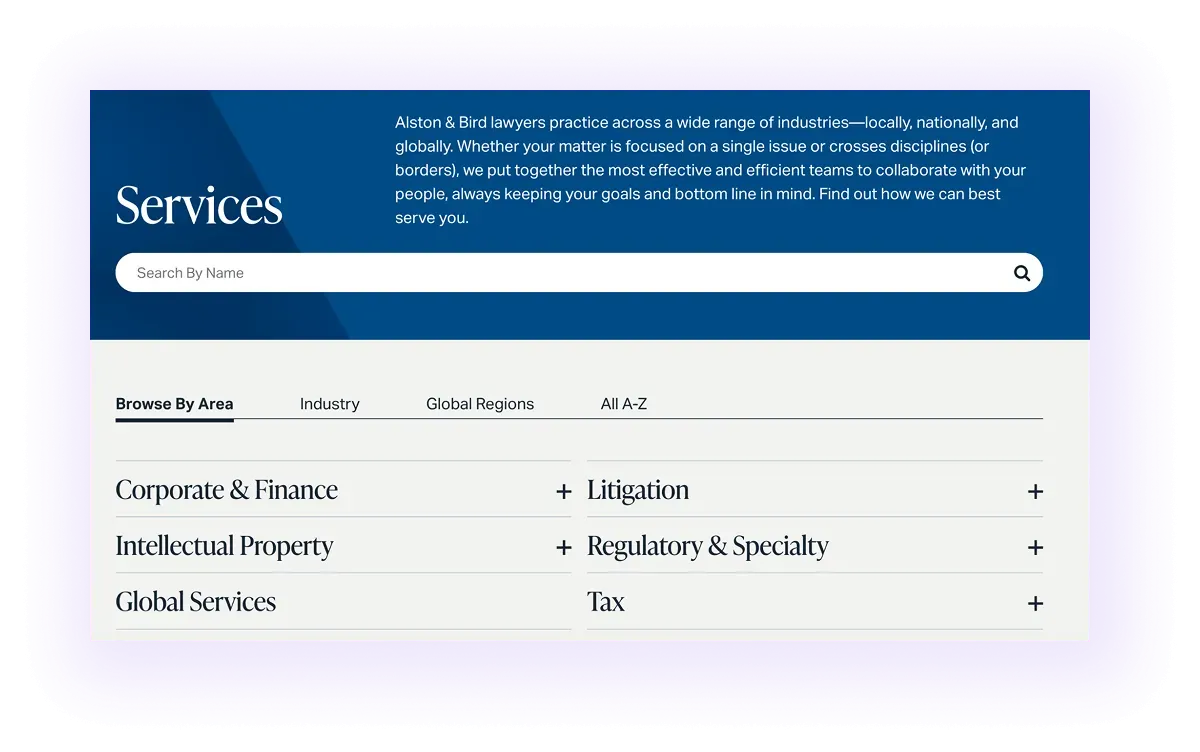 practice area pages linked in a service hub page on a law firm website