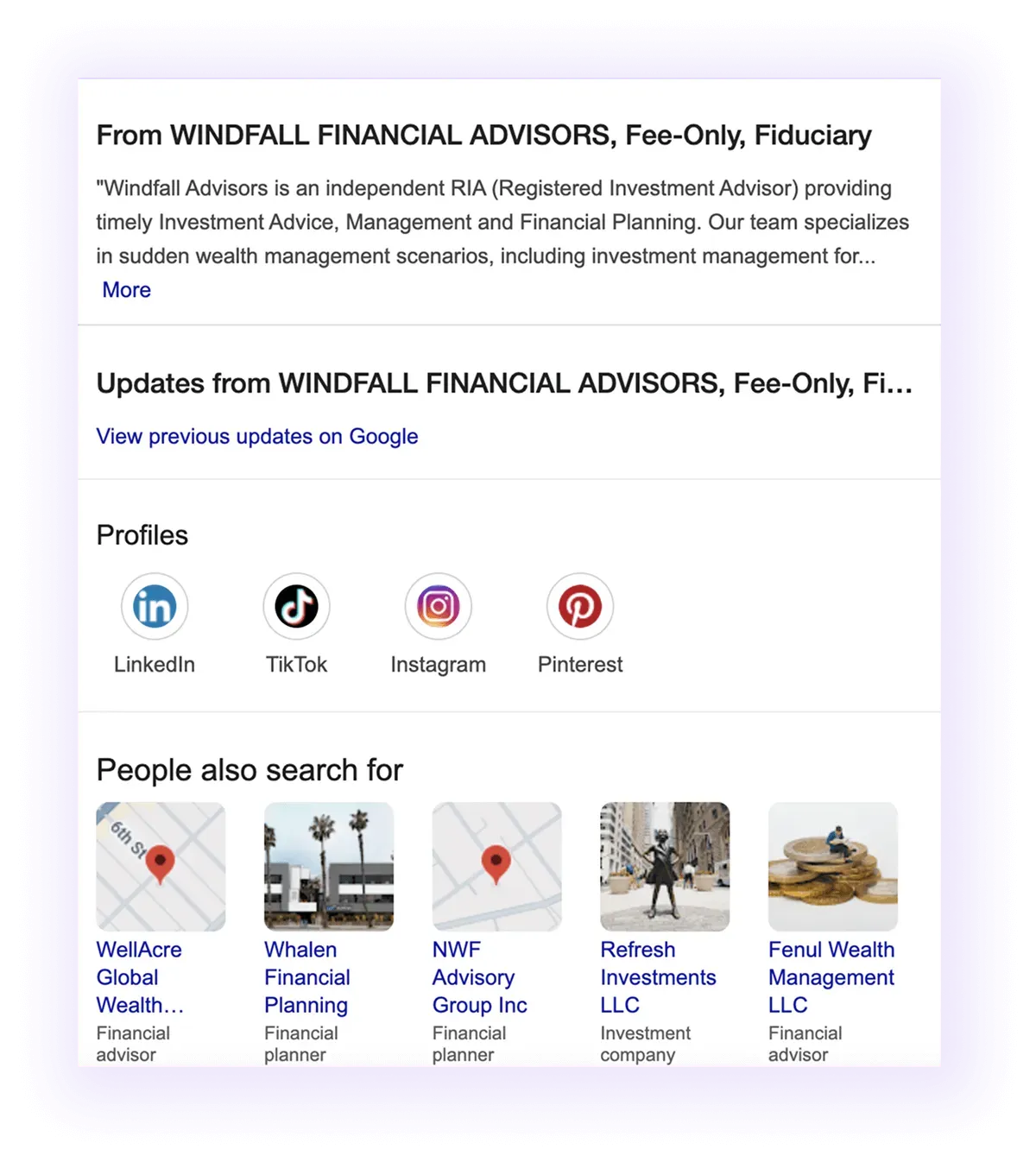 descriptions, media, and PAA sections example for a financial advising business GMB listing