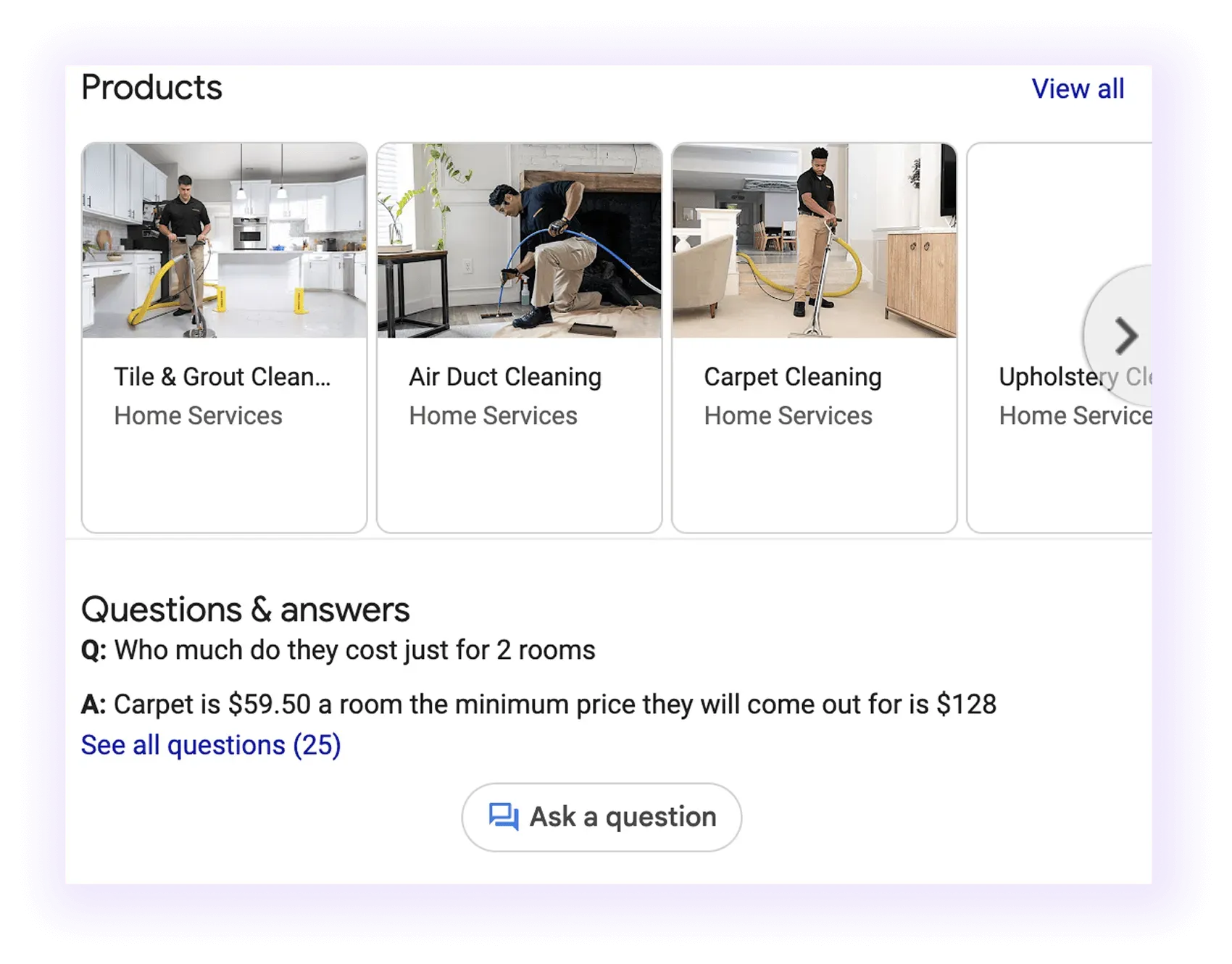  Products & Q&A sections example for a carpet cleaner GMB