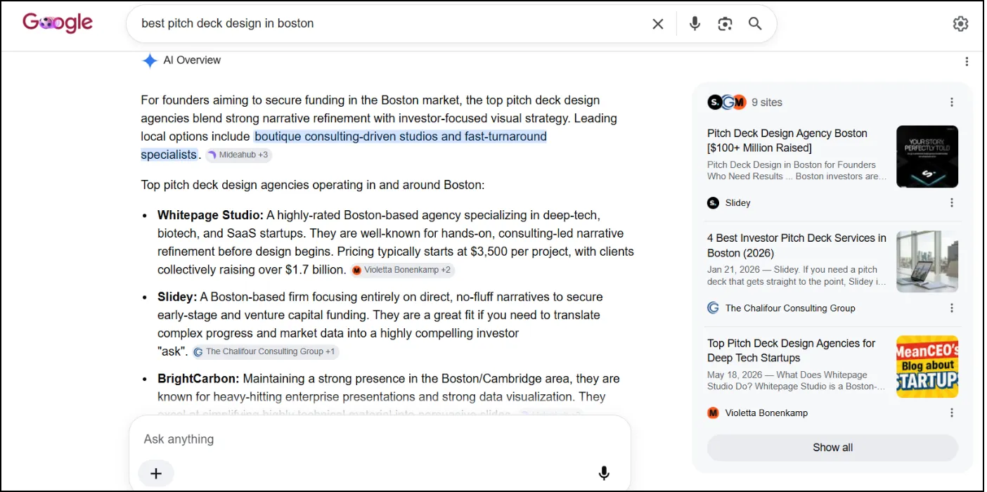Whitepage Studio appears Google AI Overviews for "best pitch deck design in Boston" and "best pitch deck design agencies."