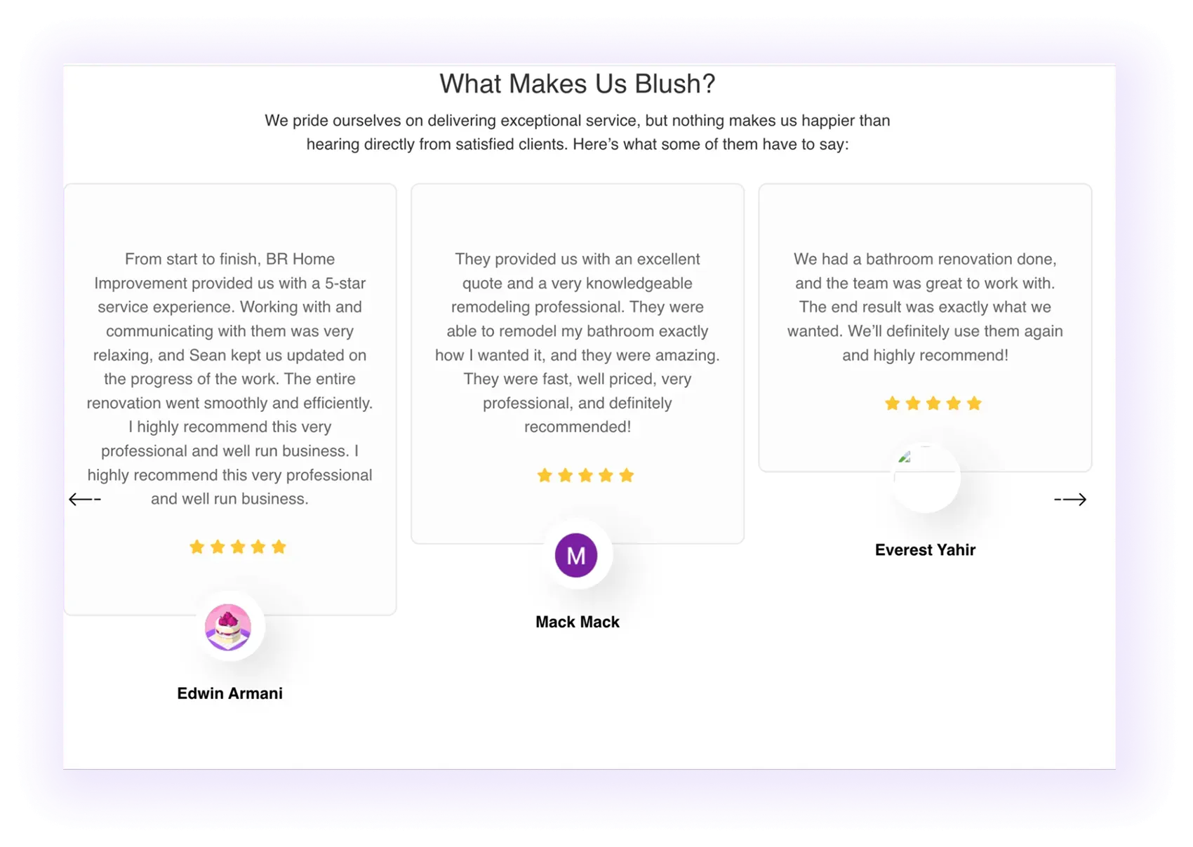 client written reviews block on a home improvement company website