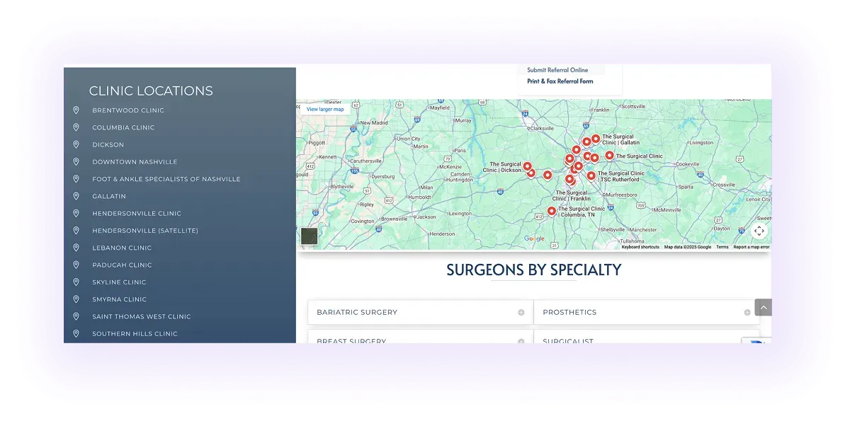 example of a location hub page on a multi-area plastic surgeon website